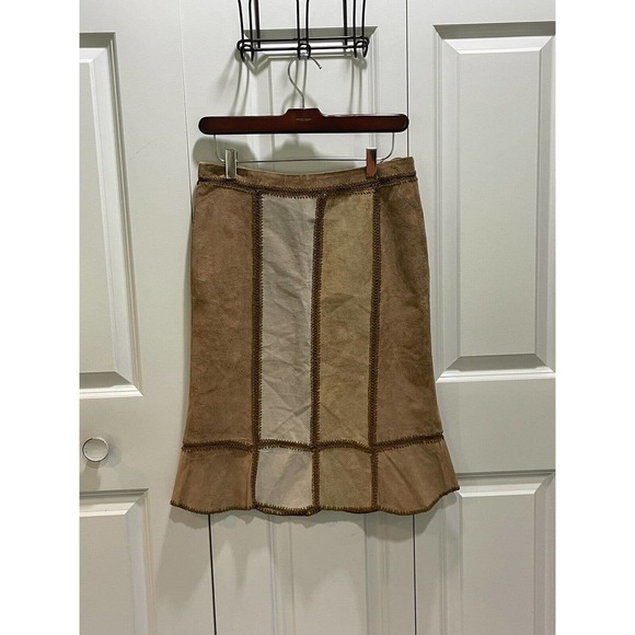 Express Vgt‎ Suede Leather Crochet Patchwork Skirt Lined Scalloped Hem Western - Picture 2 of 9